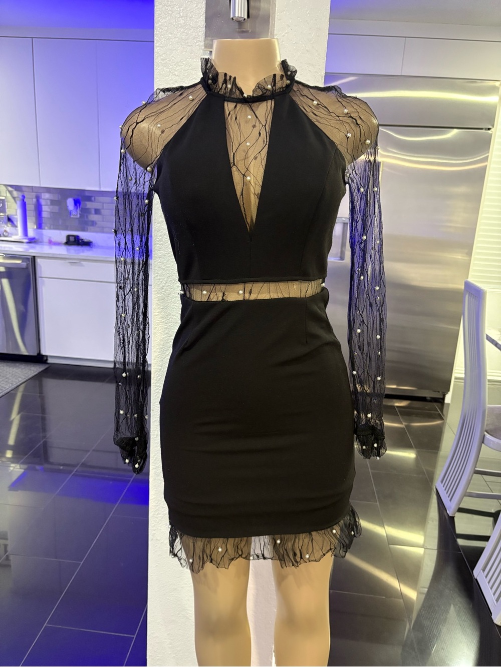 a'gaci Black Sheer-Pearl Long Sleeve Bodycon Dress